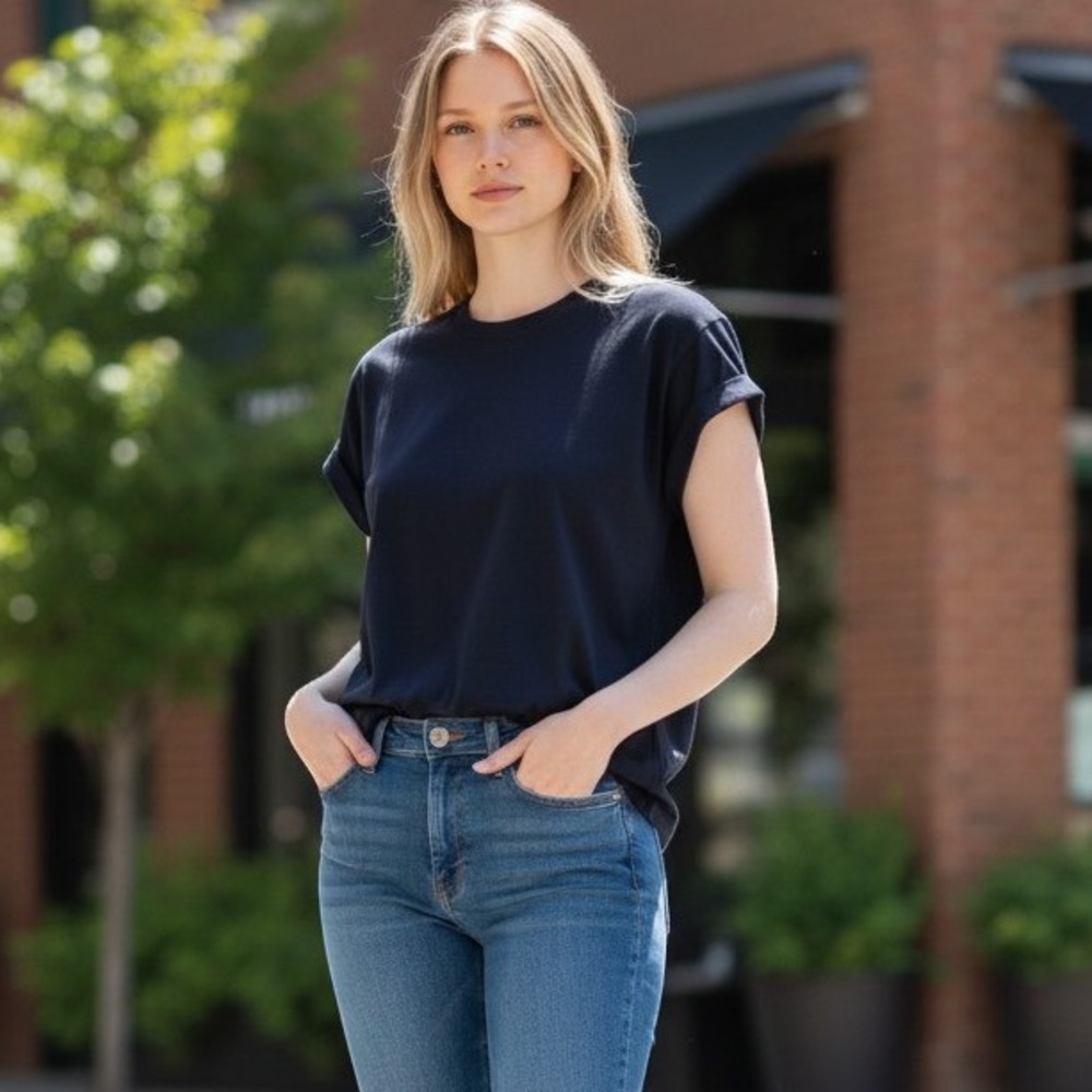 Anthropologie Navy Blue Cuffed Short Sleeve Cotton Modal Blend Tee Shirt M